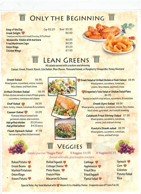 Grapevine Restaurant menu in Boiling Springs, South Carolina