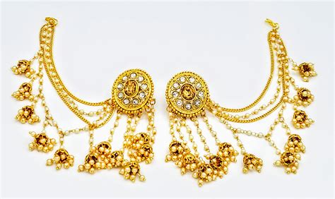 Bahubali Earrings w/ Multi Strand Chain and Pearl Work #31460 | DesiClik.com, USA