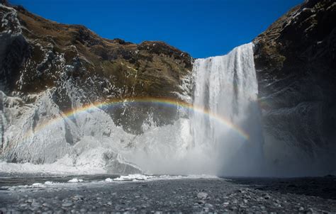 Wallpaper Nature, Waterfall, Rocks, Rainbow, Rainbow, Nature, Iceland ...