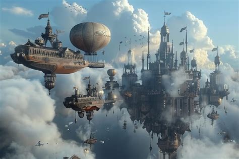 Premium Photo | Steampunk airship battle above a floating fortress