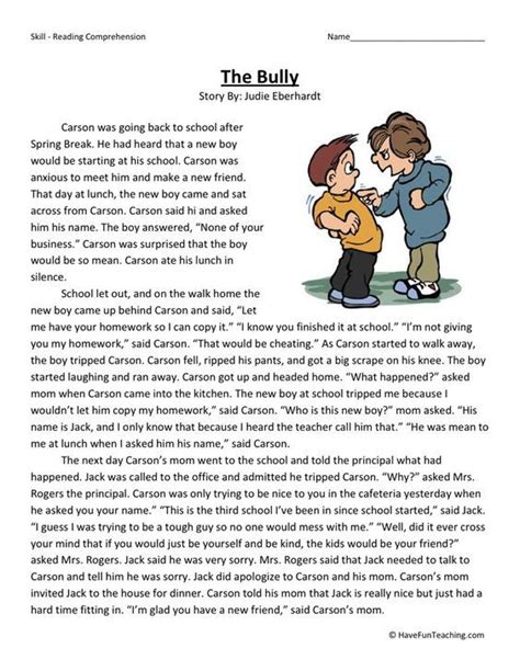 Reading Comprehension Worksheet - The Bully | Reading comprehension worksheets, Reading ...