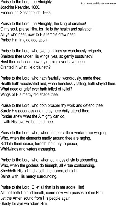 Hymn and Gospel Song Lyrics for Praise to the Lord, the Almighty by ...