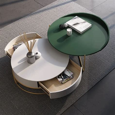 Round Nesting Coffee Table with Storage Rotatable Drawers Wood in White & Green Round Nesting ...