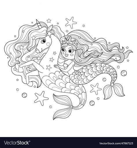 Mermaid riding a seahorse unicorn black and white Vector Image