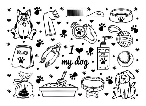 I love my dog vector set. Pet accessories - food, bowl with paw, collar ...