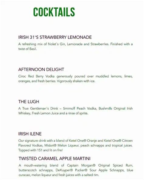 Irish 31 Menu, Menu for Irish 31, West Shore, Tampa Bay - Urbanspoon/Zomato