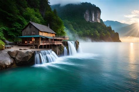 Premium AI Image | a cabin sits in front of a waterfall.