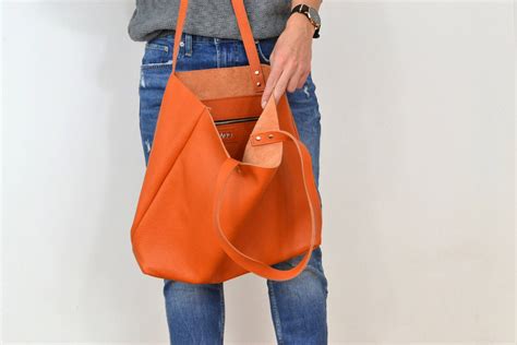 LEATHER TOTE With Zipper, Leather Tote Woman, Orange Leather Tote, Tote ...