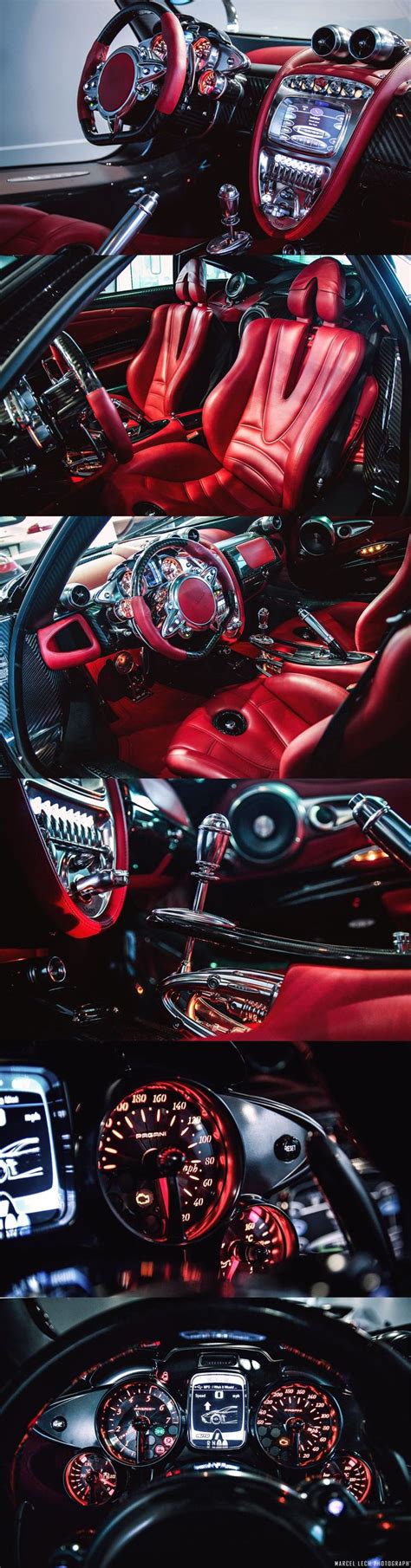 the interior of a sports car with red leather seats and steering wheel, dash lights and gauges