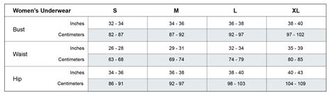 Womens Underwear Size Chart