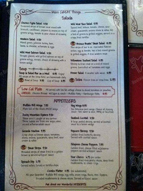 Menu at Irma Restaurant Grill, Cody