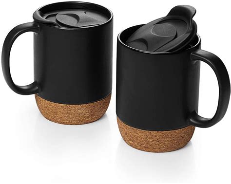 DOWAN Coffee Mugs Set of 2, 15 oz Ceramic Mug with Insulated Cork ...