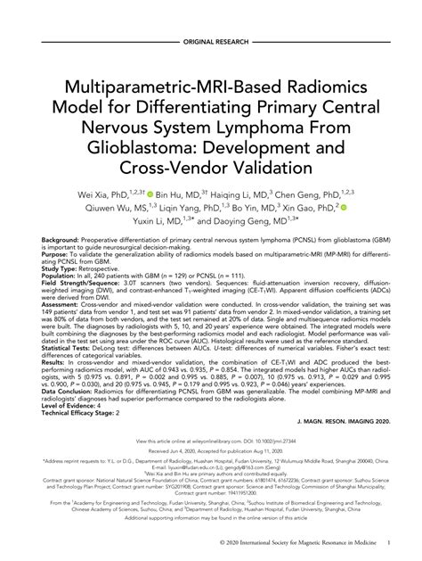 (PDF) Multiparametric‐MRI ‐Based Radiomics Model for Differentiating Primary Central Nervous ...