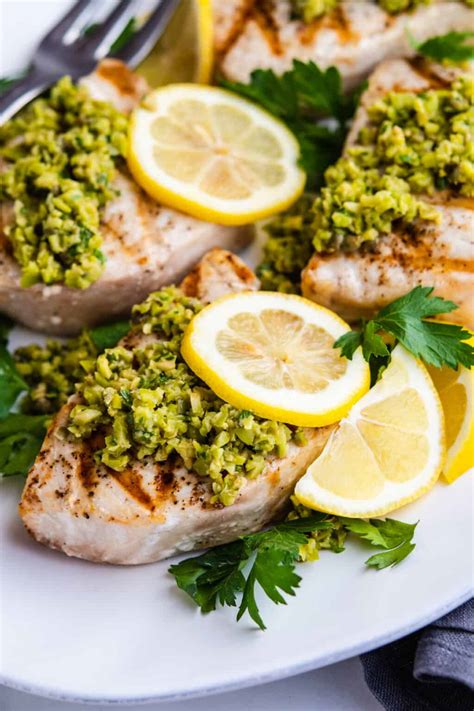 Grilled Swordfish with Green Olive Tapenade - Pinch and Swirl