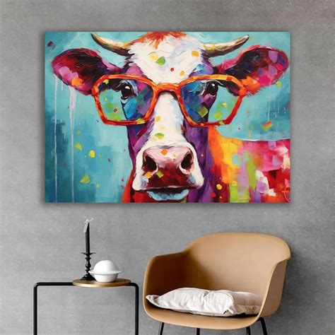 Funny Cow With Glasses Canvas Painting, Colourful Cow Canvas Print, Cow ...