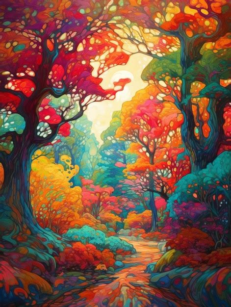 Premium AI Image | A colorful painting of a forest with a stream ...