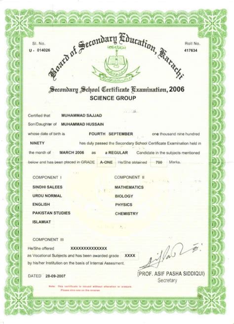 SSC. Matriculation Certificate