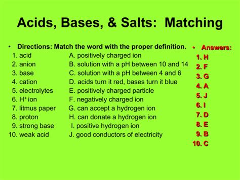 Acids, Bases, & Salts Matching