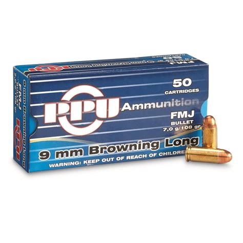 PPU, 9mm Browning Long, FMJ, 108 Grain, 50 Rounds - 678770, Other Calibers Ammo at Sportsman's Guide