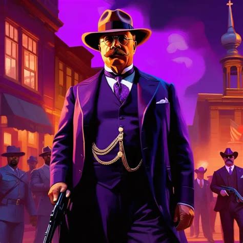 Teddy Roosevelt in Saints Row, guns, cartoony, purpl...