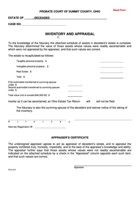 Fillable Inventory And Appraisal - Ohio printable pdf download