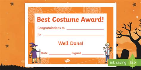 Best Costume Award Halloween Certificate - Twinkl