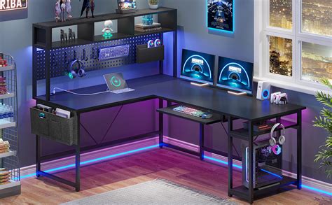 Amazon.com: SEDETA L Shaped Gaming Desk, Reversible Computer Desk with Power Outlet and Pegboard ...
