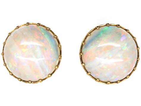 Edwardian 9ct Gold Round Opal Earrings (794H) | The Antique Jewellery Company