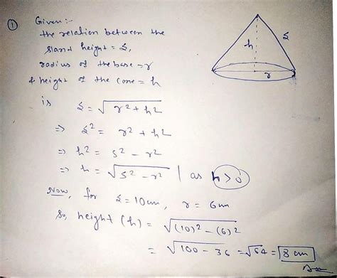 [Solved] The slant height of a right circular cone is given by the formula... | Course Hero