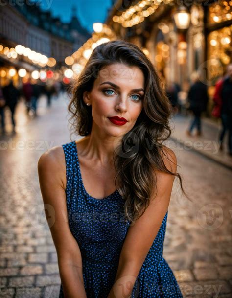 AI generated photo of beautiful woman with print sleeveless dress and big red lips and blue eyes ...