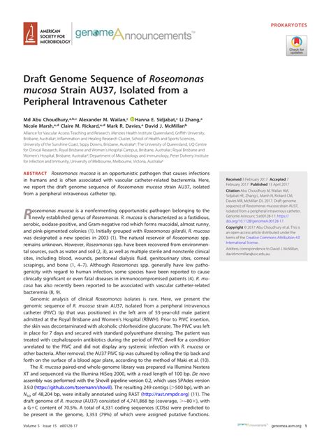 (PDF) Draft Genome Sequence of Roseomonas mucosa Strain AU37, Isolated from a Peripheral ...