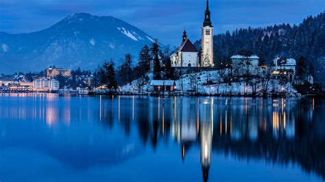 reflections, church, winter, slovenia, mountains, island HD Wallpaper