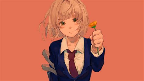 Wallpaper : anime girls, manga, blonde, orange background, flower, tie, simple background ...