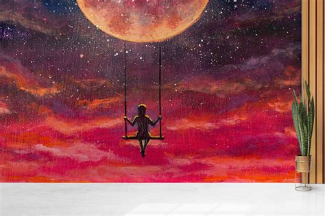 3d Wallpaper, Modern Wallpaper, Girl Swinging On A Swing On Full Moon, Paper Wall Art Red Moon ...