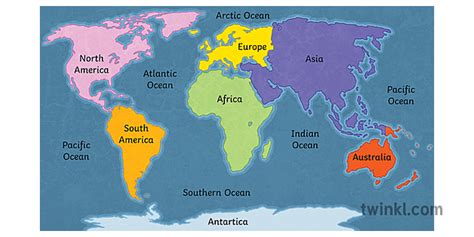 monde continents et océans carte étiquetée globe géographie ks3 Illustration