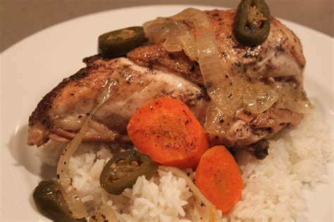 Chicken in Tangy Escabeche of Caramelized Onions, Carrots and Jalapenos with Rice