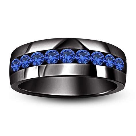 Men's 1. CT. T.W. Blue Sapphire Engagement / Wedding Band Ring in 18K Black Gold | Mens wedding ...