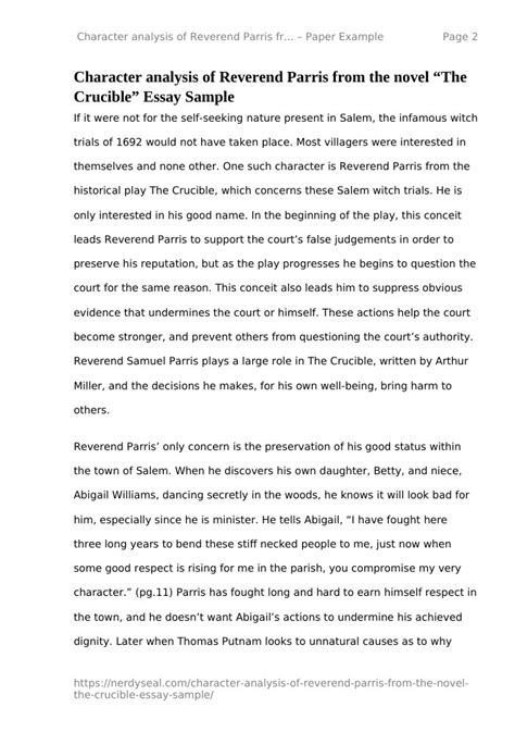 Character analysis of Reverend Parris from the novel "The Crucible" Essay Sample - NerdySeal