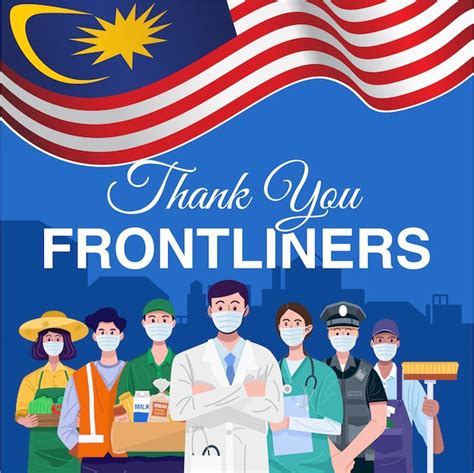 Premium Vector | Thank you frontliners. various occupations people standing with flag of malaysia.