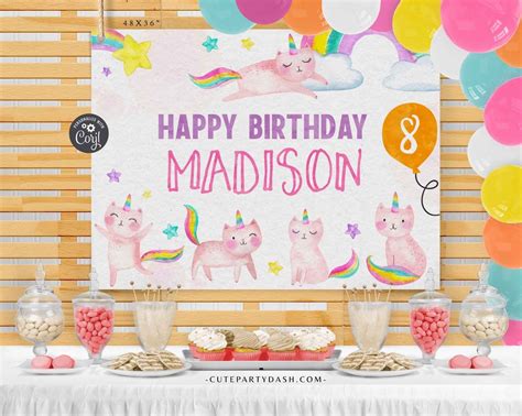 Editable Caticorn Happy Birthday Wall Banner, Pennant Flag - Digital D – Cute Party Dash