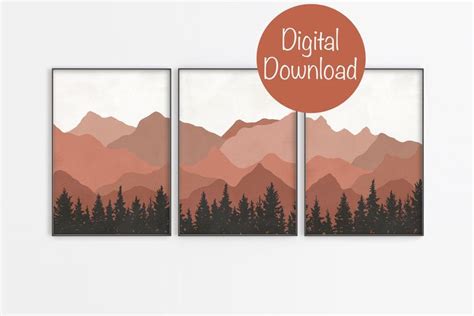 three mountains with trees and the words digital downloaded on them in orange, pink and black