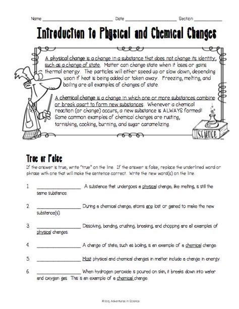 Introduction to Physical and Chemical Changes Worksheet | At the top ...