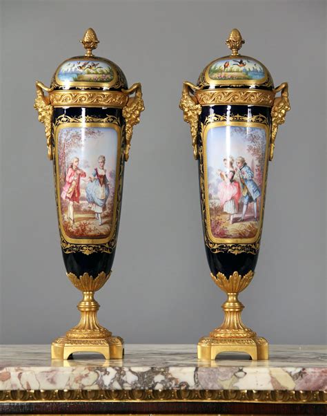 A Pair of Late 19th Century Gilt Bronze Mounted Cobalt Blue Sèvres Style Porcelain Vases ...