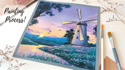 Windmill + Flower Field + Pastel Sunset! Simple Acrylic Painting ...