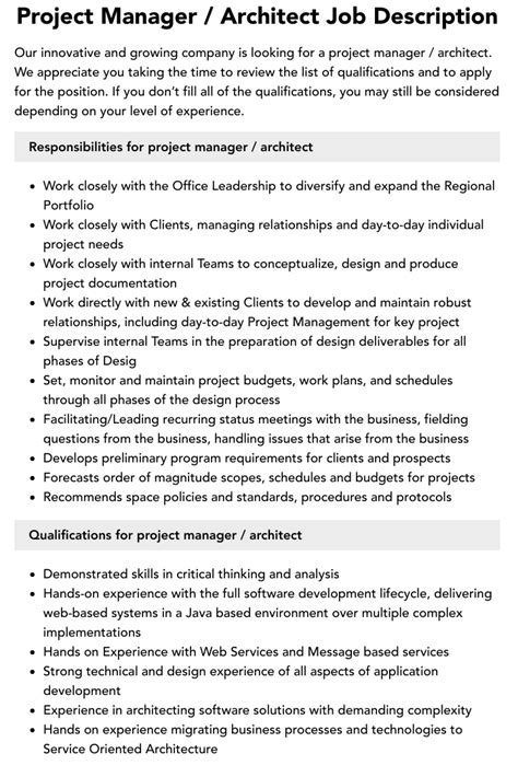 Project Manager / Architect Job Description | Velvet Jobs