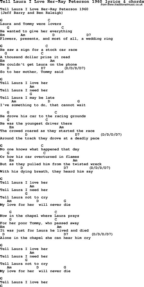 Love Song Lyrics for:Tell Laura I Love Her-Ray Peterson 1960 with chords.