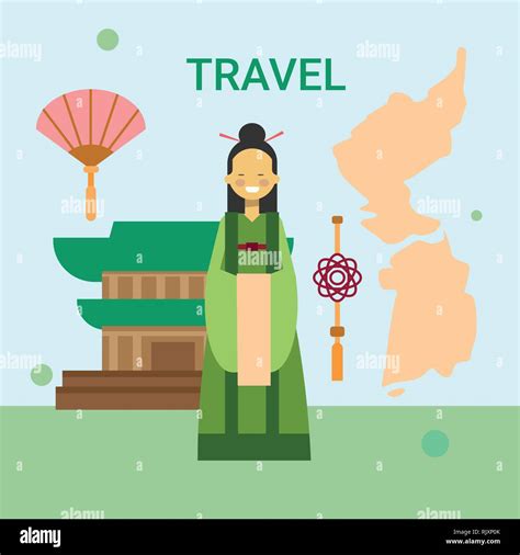Woman Wearing National Korean Dress Over South Korea Map And Temple Or Palace Building ...