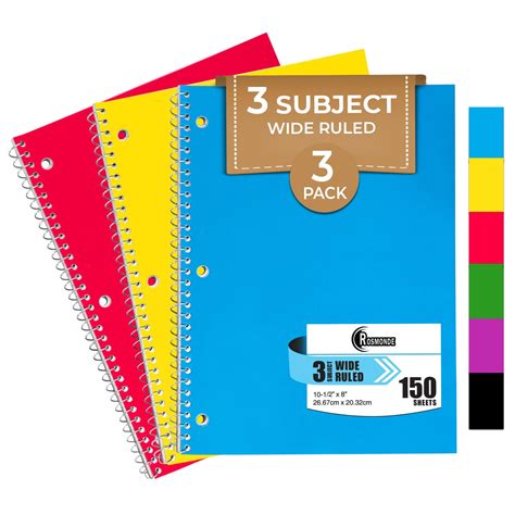 Rosmonde 3 Subject Spiral Notebooks Wide Ruled, 3 Pack, 300 Pages (150 ...