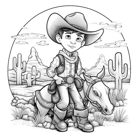 Premium AI Image | Kids cartoon coloring book cowboy outline