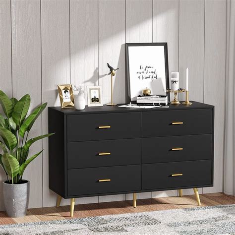 LYNSOM Black Dresser, Modern 6 Drawer Dresser for Bedroom with Wide Drawers and Metal Handles ...